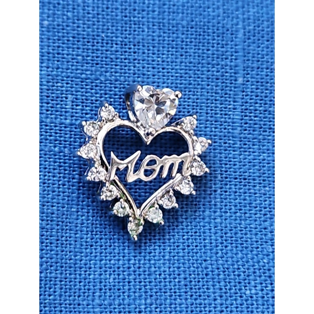 Sterling Silver "MOM" Heart 1" Pendant CZ Bling Spell Out Vintage Y2K